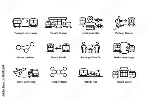 Transport interchange icons: multimodal hub and transfer station symbols