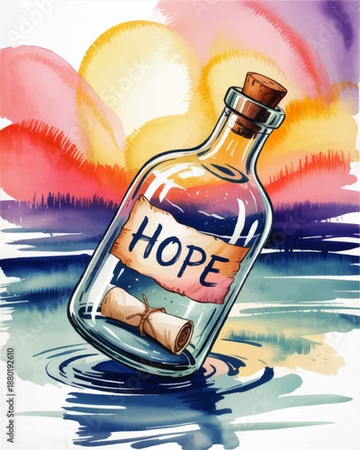 Hope message in a bottle floating on water at colorful sunrise, inspirational watercolor illustration for motivation and positivity