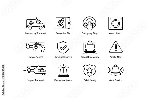 Emergency response icons set featuring ambulance, helicopter, and safety alerts