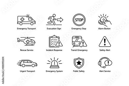 Emergency icons set: transport, evacuation, safety, alert symbols and signs