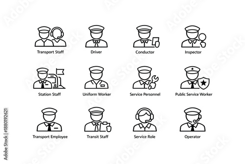 Set of 12 simple transport and service worker icons with occupational roles