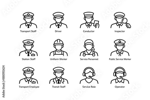Public transport personnel icons: driver, conductor, inspector, uniform worker