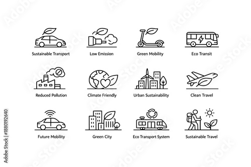 Eco-friendly transportation icons for sustainable urban mobility and green travel solutions