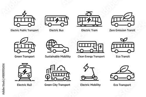 Sustainable electric public transport icons: bus, tram, eco mobility, green city transit