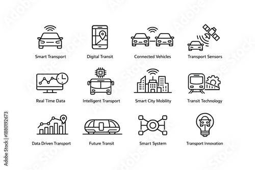 Icons representing smart transport and digital transit technologies