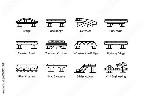 Infrastructure icons set featuring various bridge types and designs