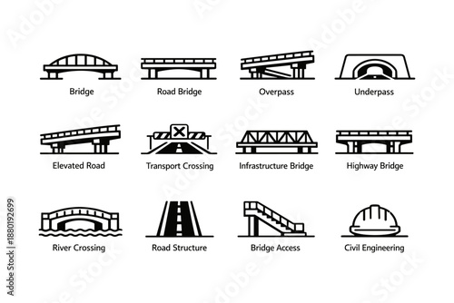 Bridge icons: overpass, underpass, elevated, highway, river crossing, road structure