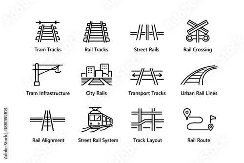 Rail and tram infrastructure icons: tracks, crossings, and alignment designs