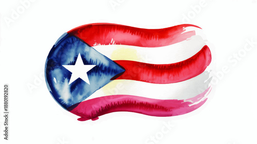 Puerto Rico flag watercolor illustration, artistic wavy banner with blue star triangle and red stripes 