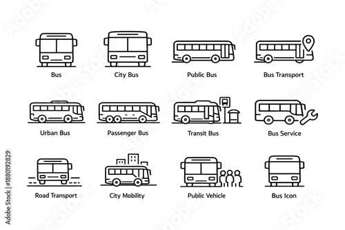 Bus icons set: city, public, urban, transit, road transport symbols