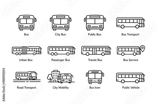 Set of urban bus icons for public transport and city mobility