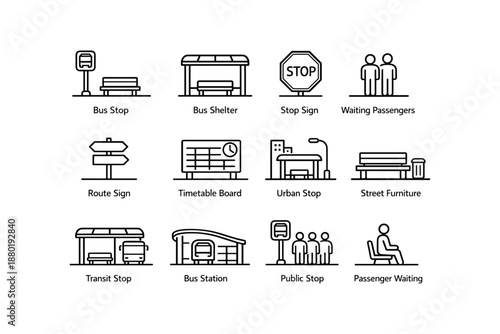 Urban transit icons: bus stops, shelters, signs, and passenger graphics