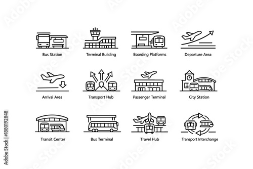 Transport icons set: bus, train, air travel, terminal, city station, departure, arrival, transit, hub