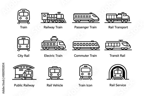 Train icons collection: railway, passenger, electric, commuter, public rail