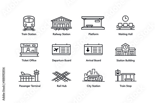 Transportation icons: train station, ticket office, departure and arrival boards, passenger terminal