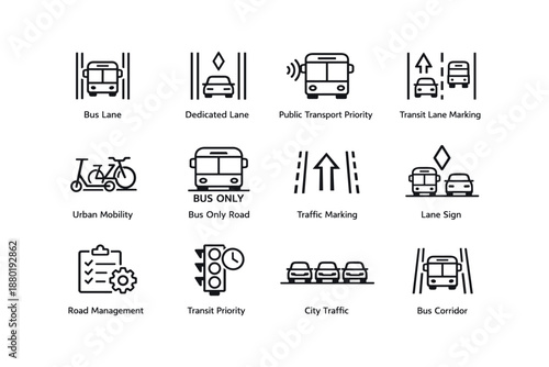 Public transport and road management icons for urban mobility and traffic signage
