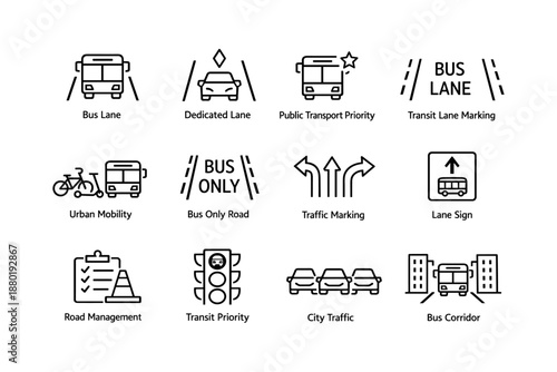 Public transport icons: bus lane, traffic management, urban mobility, transit priority