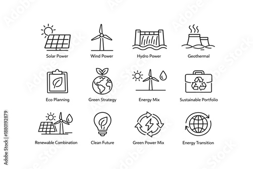 Renewable energy icons featuring solar wind hydro and geothermal power