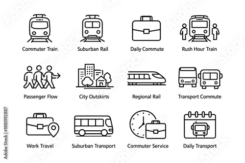 Commuter transportation icons: train, bus, and city travel symbols