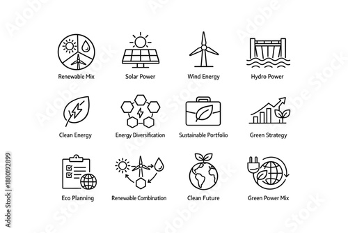 Renewable energy icons featuring solar, wind, and hydro power with eco-friendly themes