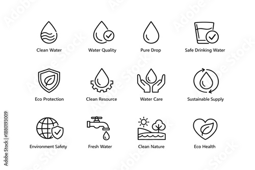 Water conservation icons collection for clean and safe water usage