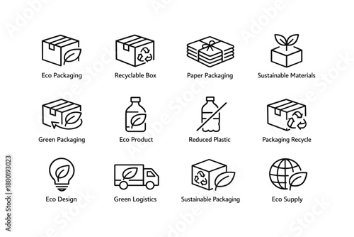 Eco-friendly icons for sustainable packaging and recycling solutions
