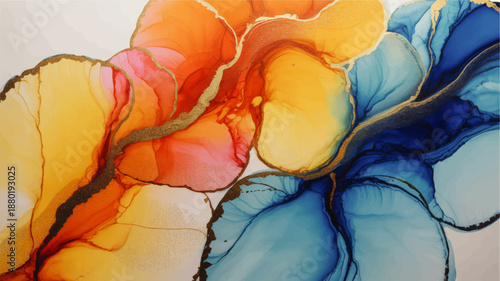 Vibrant orange and blue alcohol ink painting with gold marbling, fluid abstract background for modern luxury design and decor