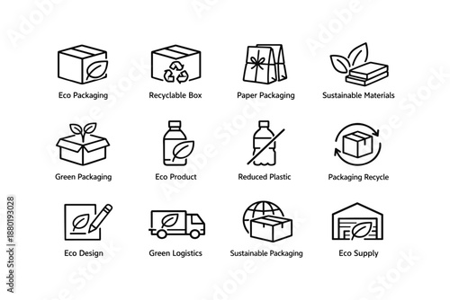 Eco-friendly icons collection: packaging, sustainability, recycling symbols for environmental awareness
