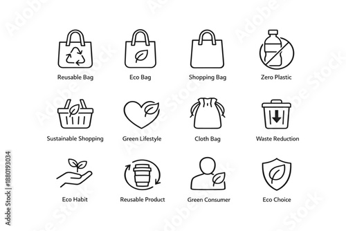 Eco-friendly icons: sustainable shopping, zero plastic, waste reduction