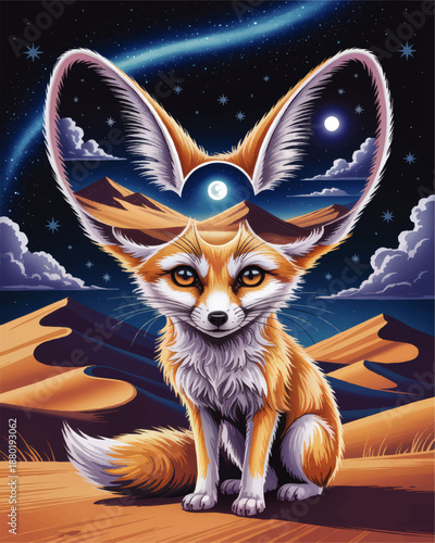 Mystic desert fennec fox illustration under starry night sky, surreal fantasy art with moonlit dunes and cosmic landscape