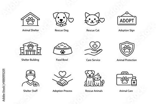 Animal shelter icons: rescue dog, cat, adoption sign, care, protection