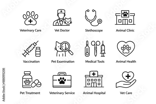 Veterinary care icons set: stethoscope, pet examination, animal health symbols