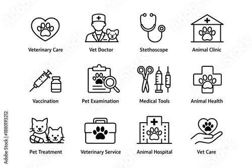 Veterinary care icons representing pet healthcare, tools, and services