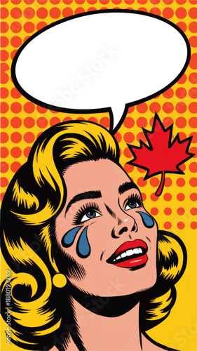 Retro pop art crying woman with speech bubble and maple leaf, vintage comic style Canadian illustration, yellow dotted background