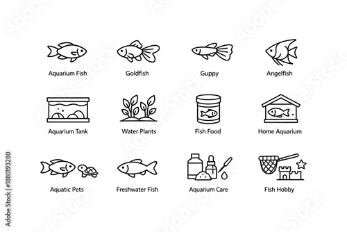 Aquarium icons set: fish, tank, plants, food, aquarium care elements