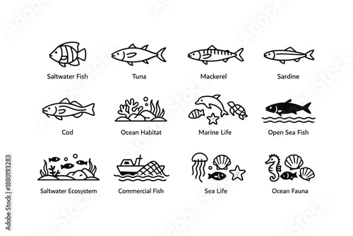 Marine life icons: fish and ocean habitat ecosystem symbols
