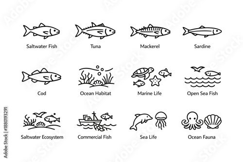 Ocean life icons: fish, marine life, and ecosystems in line art