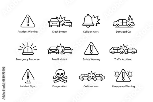 Traffic safety icons: accident alert, collision warning, emergency response symbols