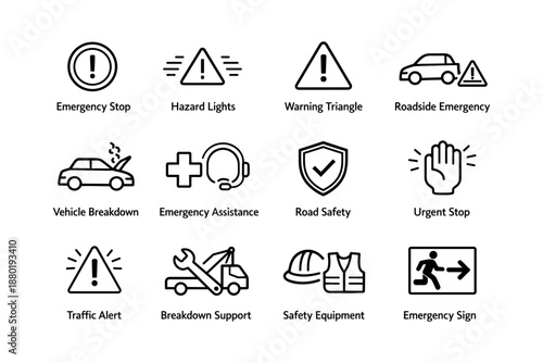 Emergency and safety symbols for roadside assistance and hazard alerts
