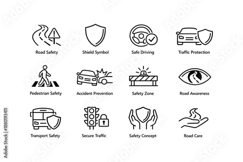 Road safety icons illustrating driving, traffic, and pedestrian awareness