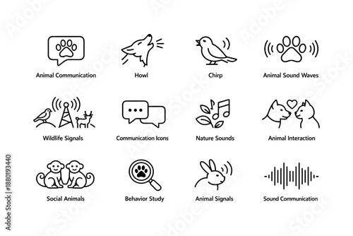 Animal communication icons set: howling, chirping, interaction, signals, behavior study