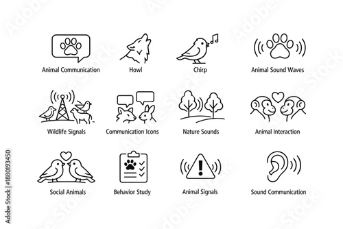 Animal communication icons: wildlife signals and nature sounds illustrations
