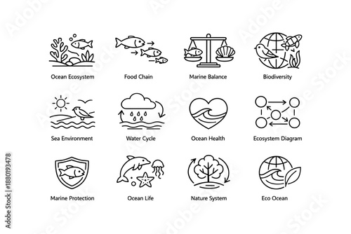 Illustrated icons depicting marine ecosystem concepts and environmental themes