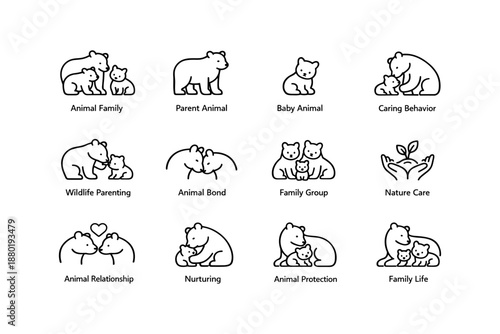 Animal family icons: parent and baby animals with wildlife and nurturing themes