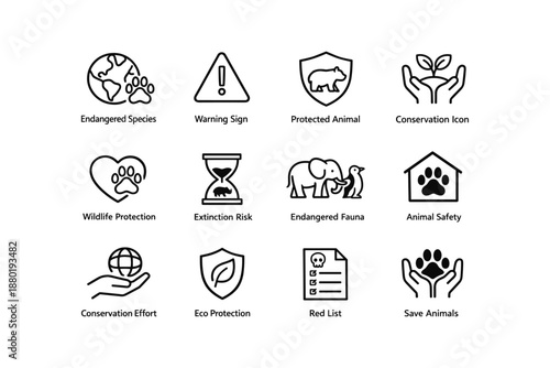 Conservation icons: endangered species, eco protection, wildlife safety