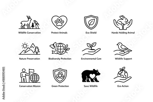 Wildlife conservation icons for environmental protection and animal awareness