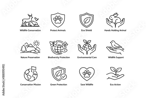 Wildlife conservation and eco protection icons for nature and animal support