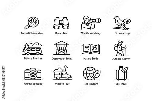 Wildlife and nature icons for eco tourism and outdoor activities