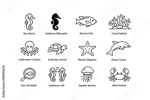 Marine life icons: seahorse, fish, coral, and ocean creatures