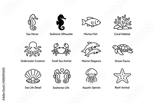 Underwater fauna icons: seahorse, fish, coral, marine life